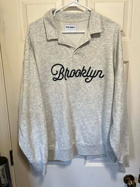Old Navy Light Gray Crewneck Sweatshirt with Navy 'Brooklyn' Embroidery